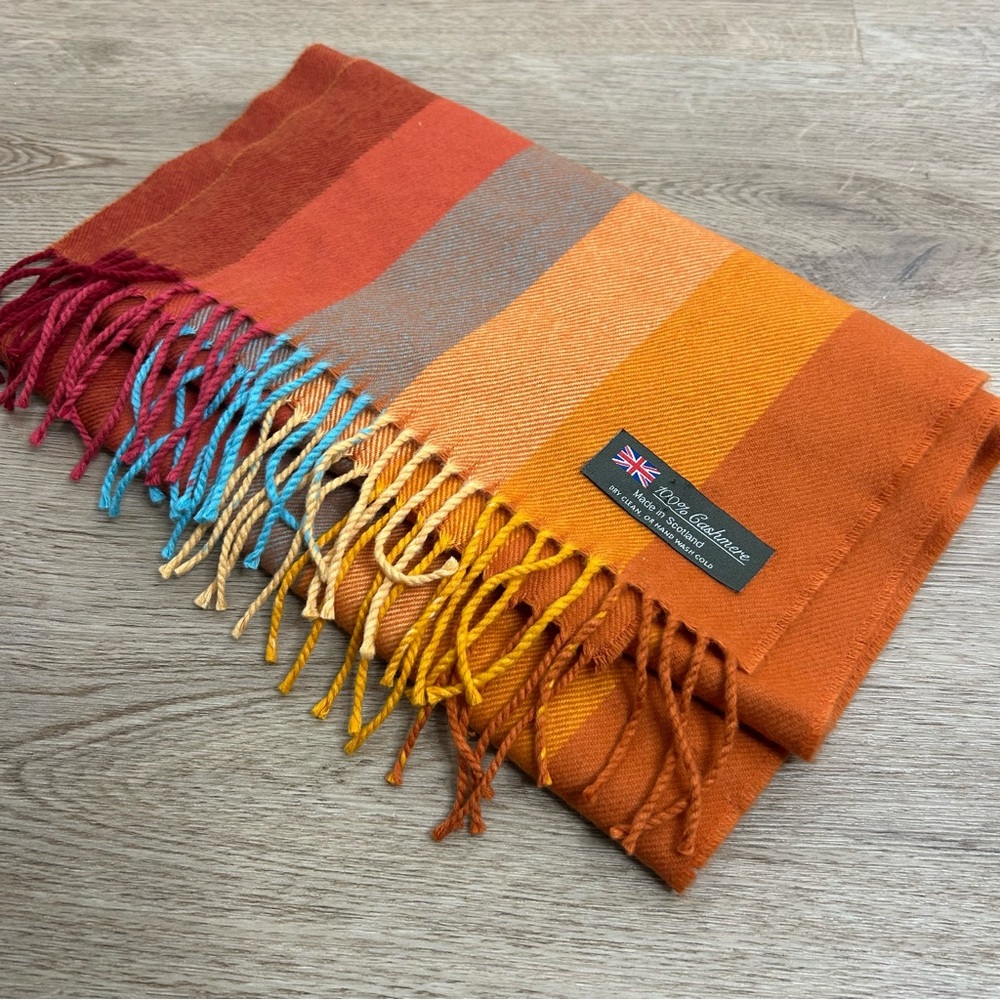 100% Cashmere Striped Multicolor Fringe Scarf Made in Scotland